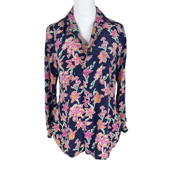 Lilly Pulitzer Boston Silk Blouse Bright Navy Pretty Social Vacation Size Small - Picture 2 of 7